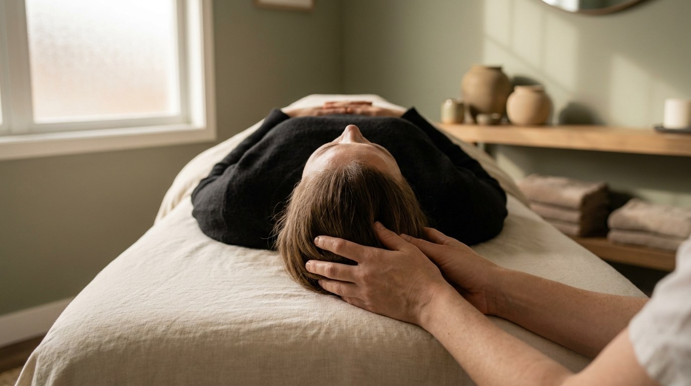Craniosacral therapy session with light hands-on contact at the head