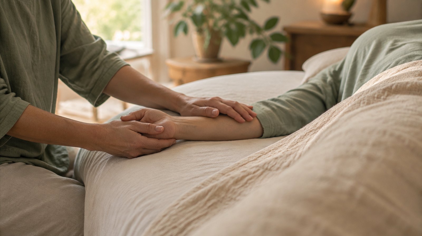 A therapist's hands resting lightly on a calm, fully clothed client during a Jin Shin Jyutsu session